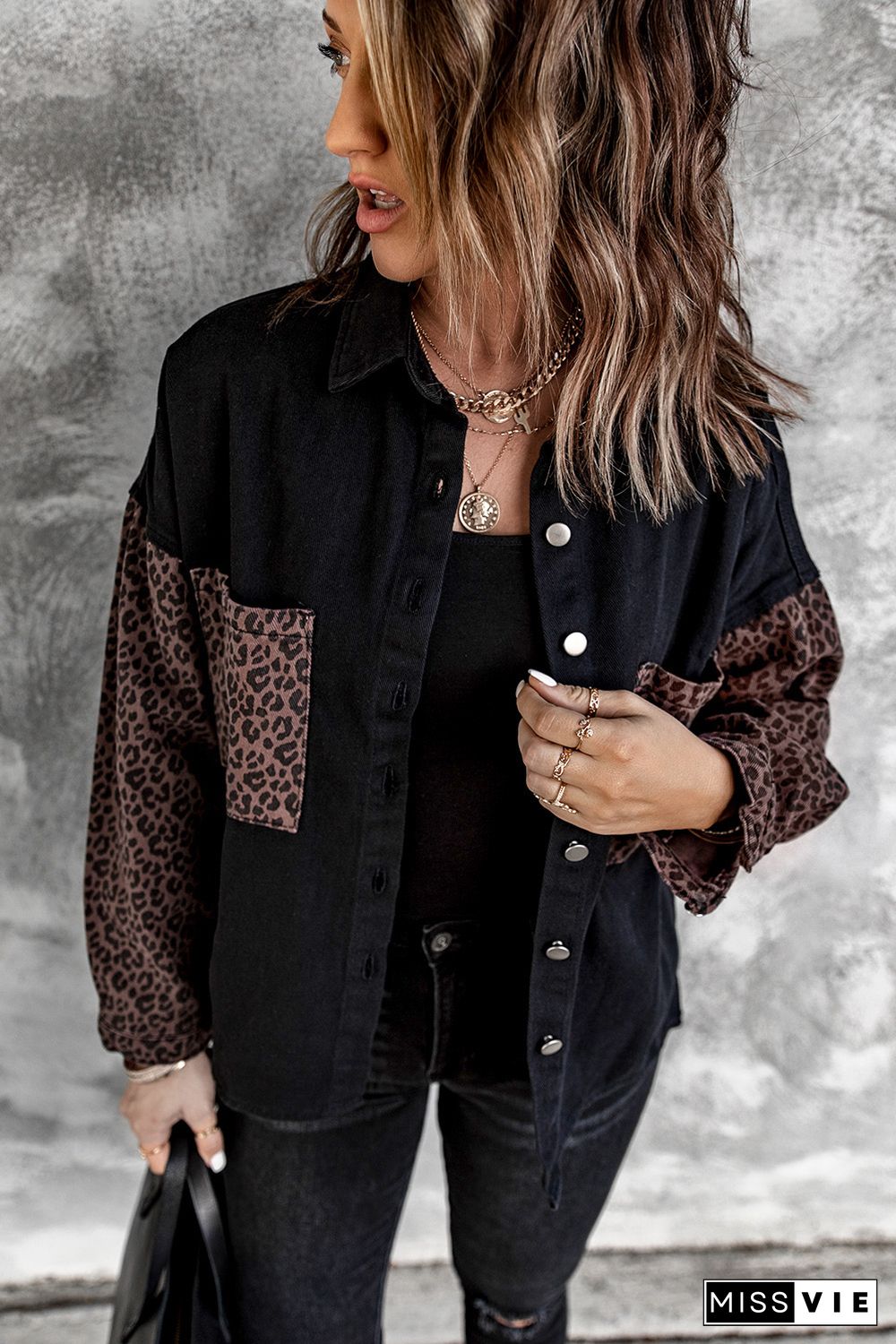 Black Contrast Leopard Denim Jacket