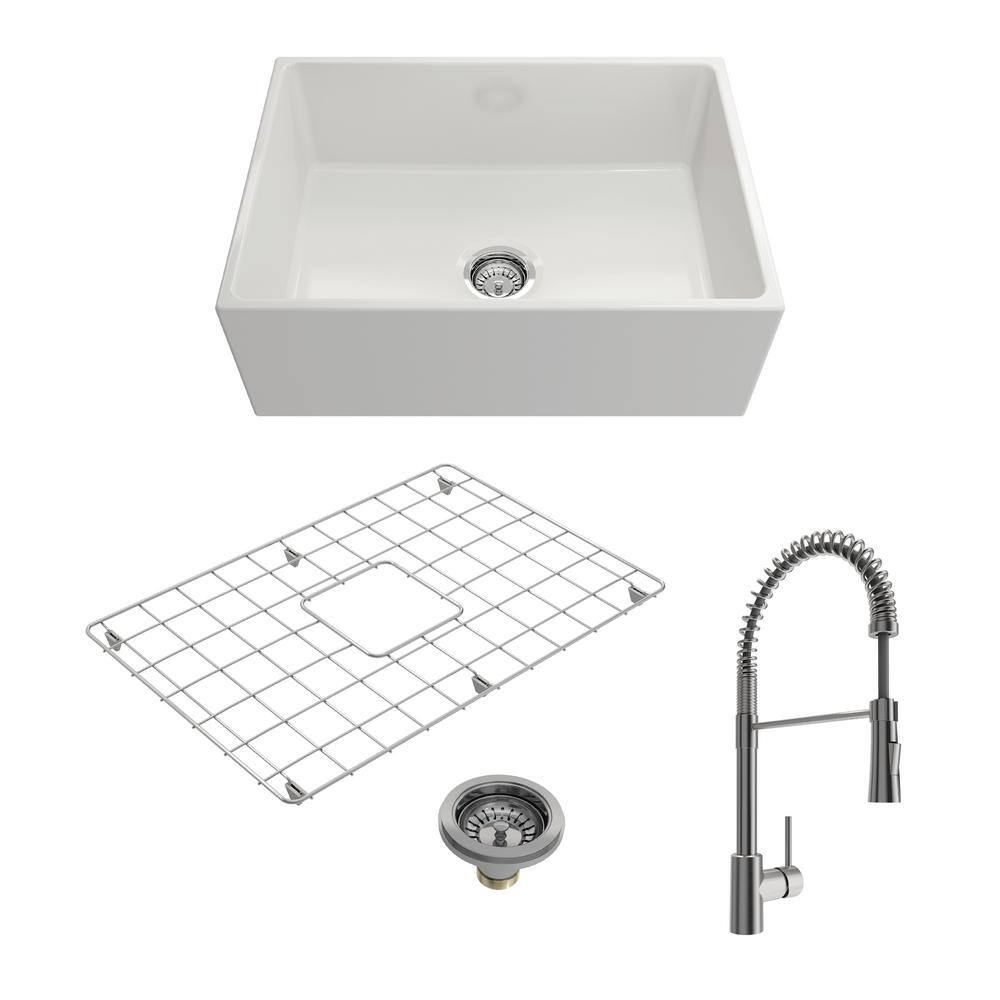 BOCCHI Contempo White Fireclay 27 in. Single Bowl Farmhouse Apron Front Kitchen Sink withFaucet 1356-001-2020SS