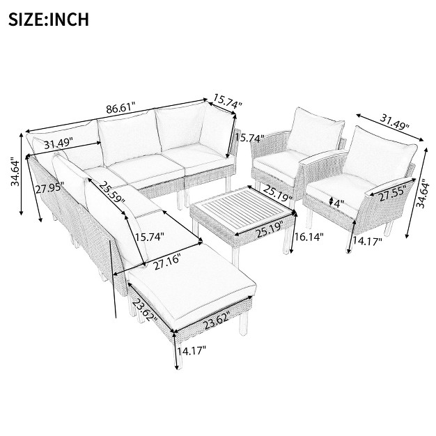 9 Pcs Outdoor Rattan Conversation Set Patio Sofa Set Seating Group With Coffee Table And Washable Cushion Gray modernluxe