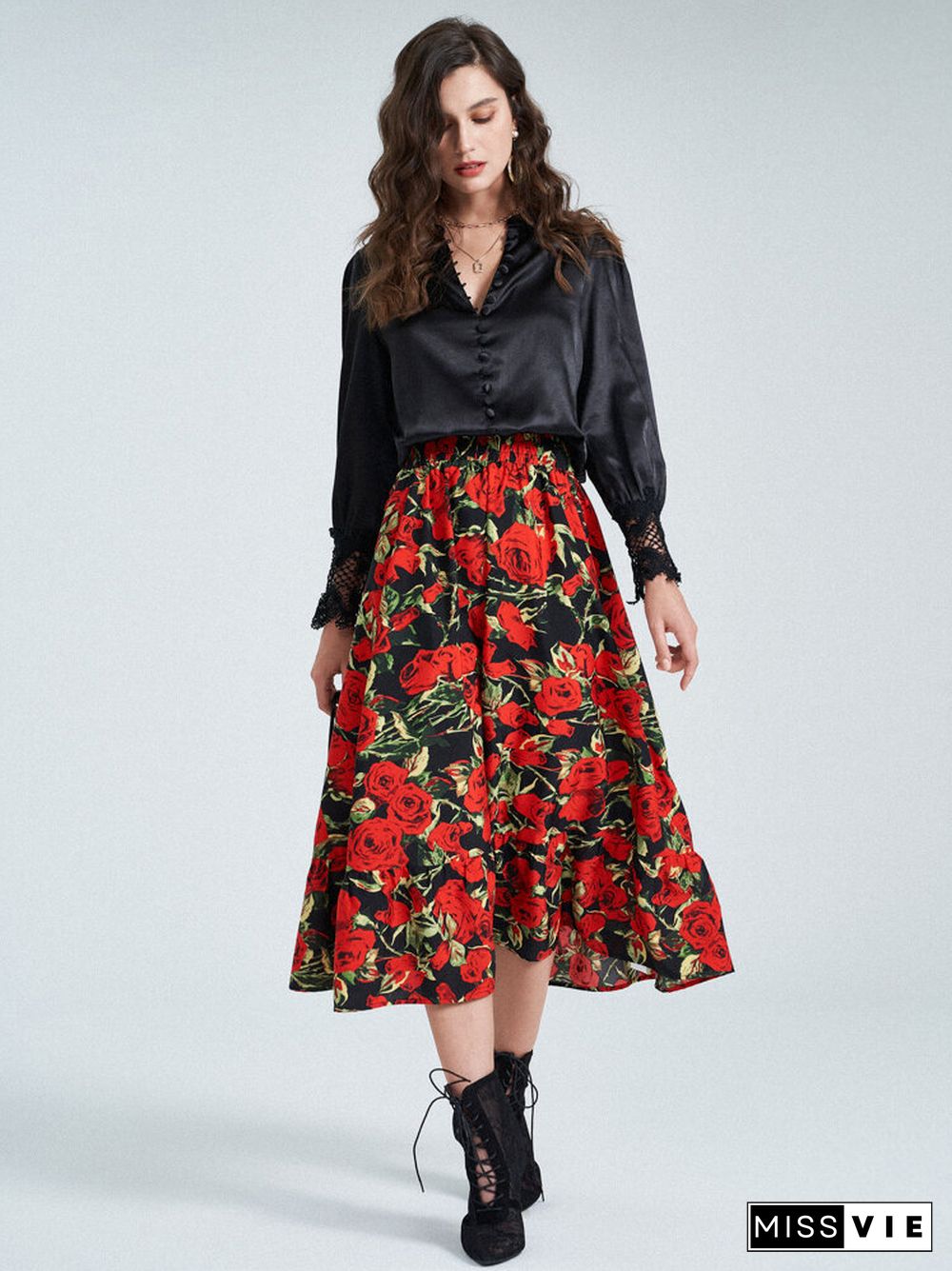 Allover Rose Print Elastic Waist Pocket Swing A-line Skirt