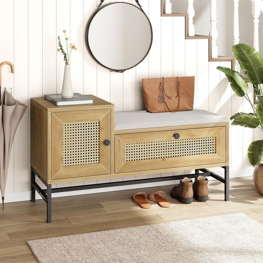 Rattan Shoe Bench with Storage Drawer and Cabinet