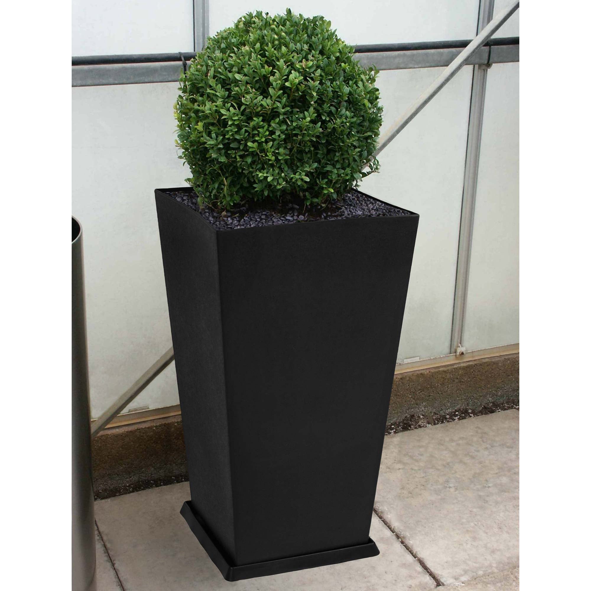 Bloem Finley Tall Outdoor Square Recycled Plastic Pot With Saucer, Black, 20"