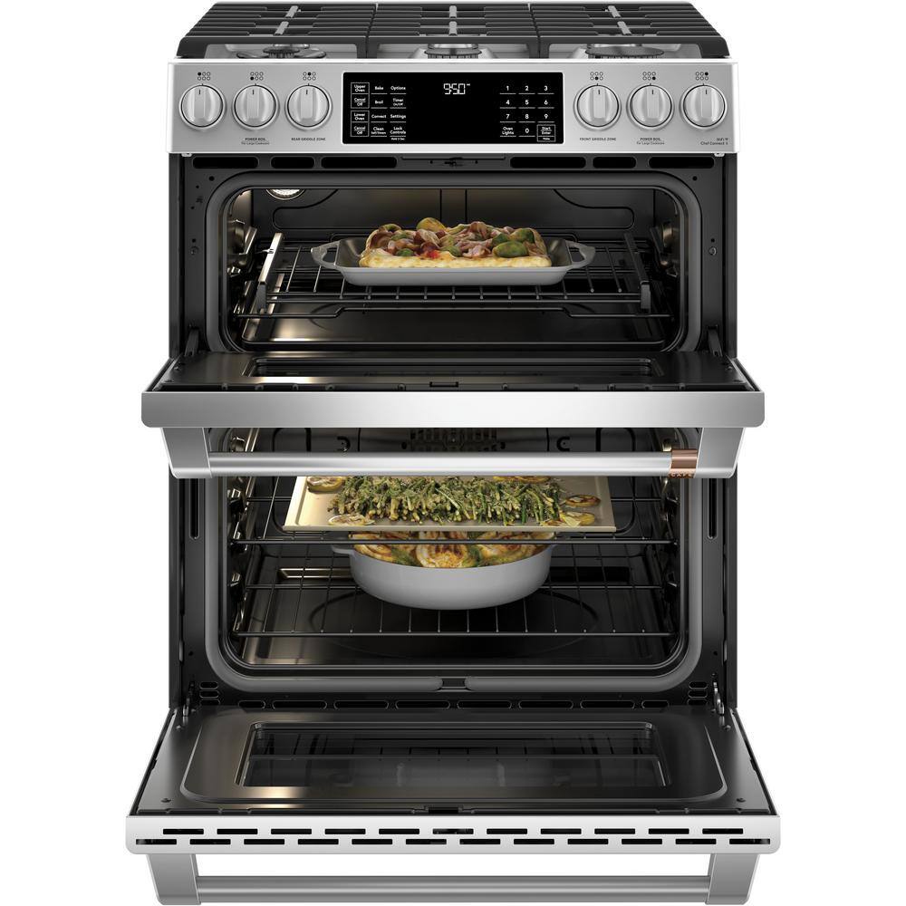 Cafe 30 in. 7.0 cu. ft. Slide-In Smart Double Oven Dual-Fuel Range with Convection and Self-Clean in Stainless Steel C2S950P2MS1