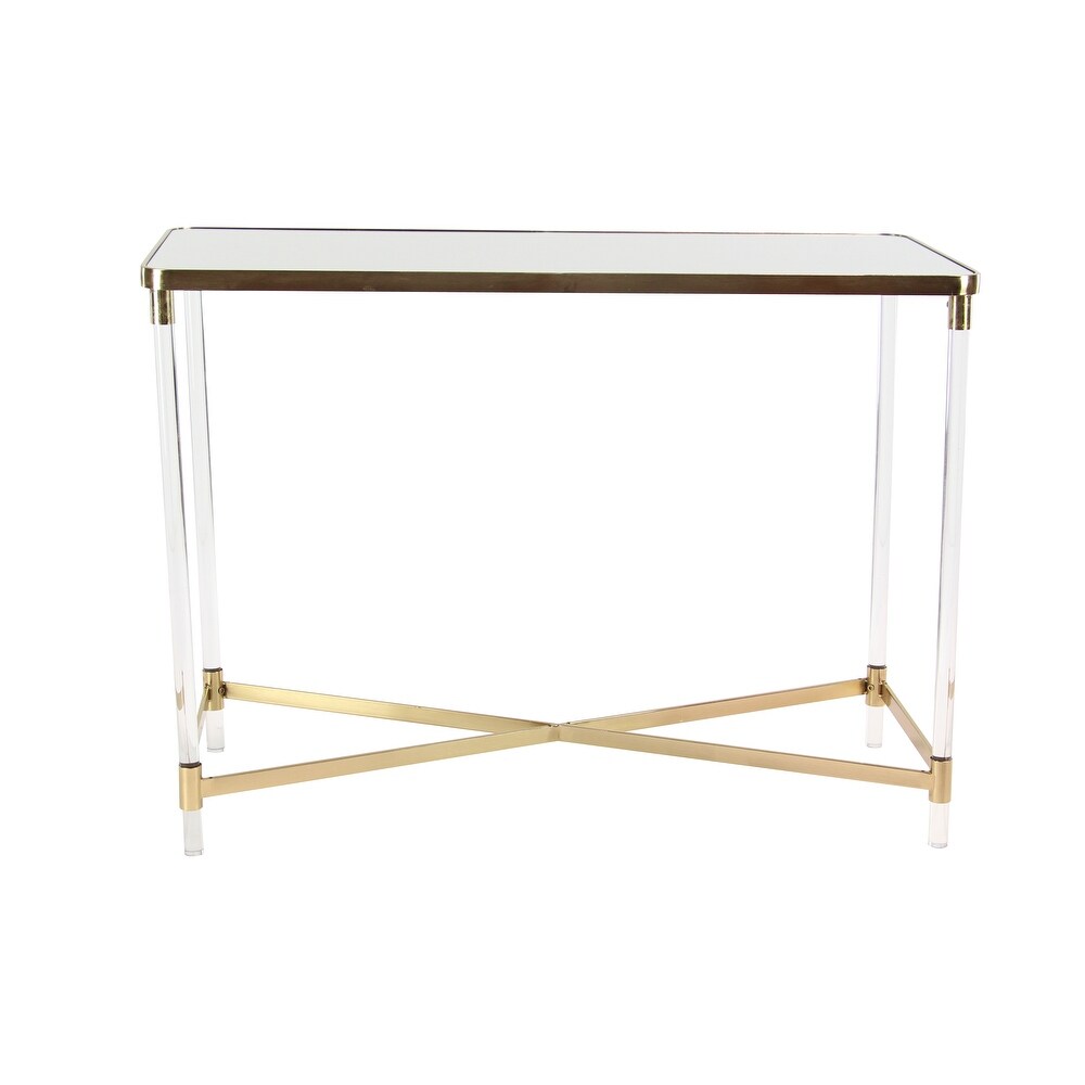 Gold Metal Contemporary Console Table with Mirrored Top and Acrylic Legs