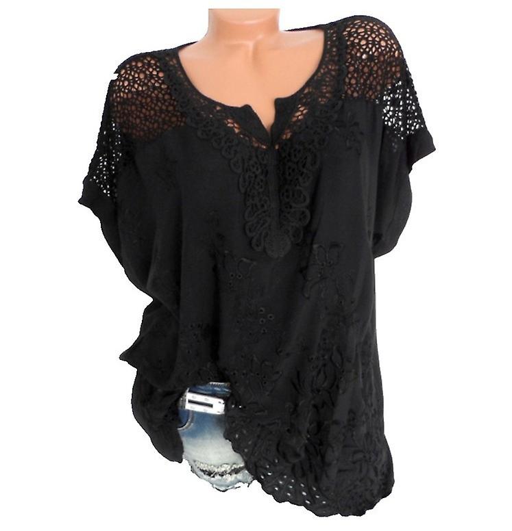 European And American Fashion Women's Lace V-neck Embroidered Short-sleeved Bat Shirt Black 2xl  3xl