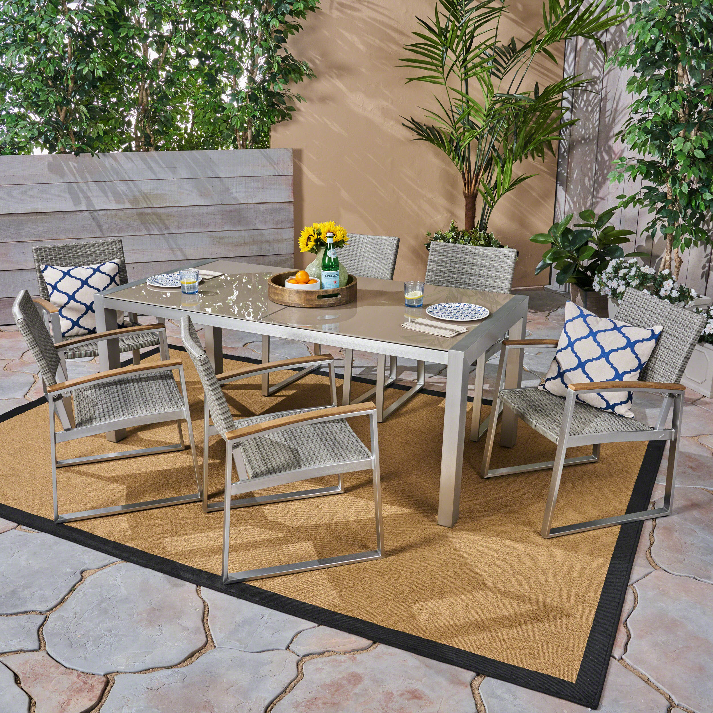 Moore Outdoor 7-Piece Aluminum Dining Set with Glass Table Top