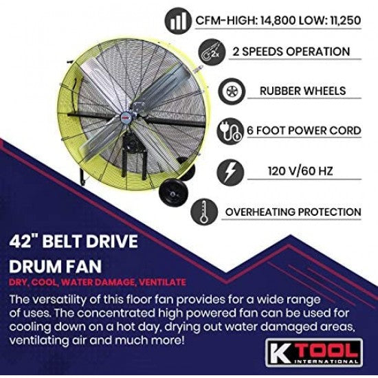 K Tool International 42′′ Belt Drive Drum Fan; Industrial, Garage, Shop, High Speed 2-Speed, Durable, Cut-Off Protection, Easy Mobility Rubber Wheels; SAFETY YELLOW KTI77743