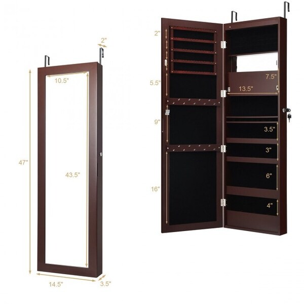 Lockable Wall Door Mounted Mirror Jewelry Cabinet with LED Lights - 14.5