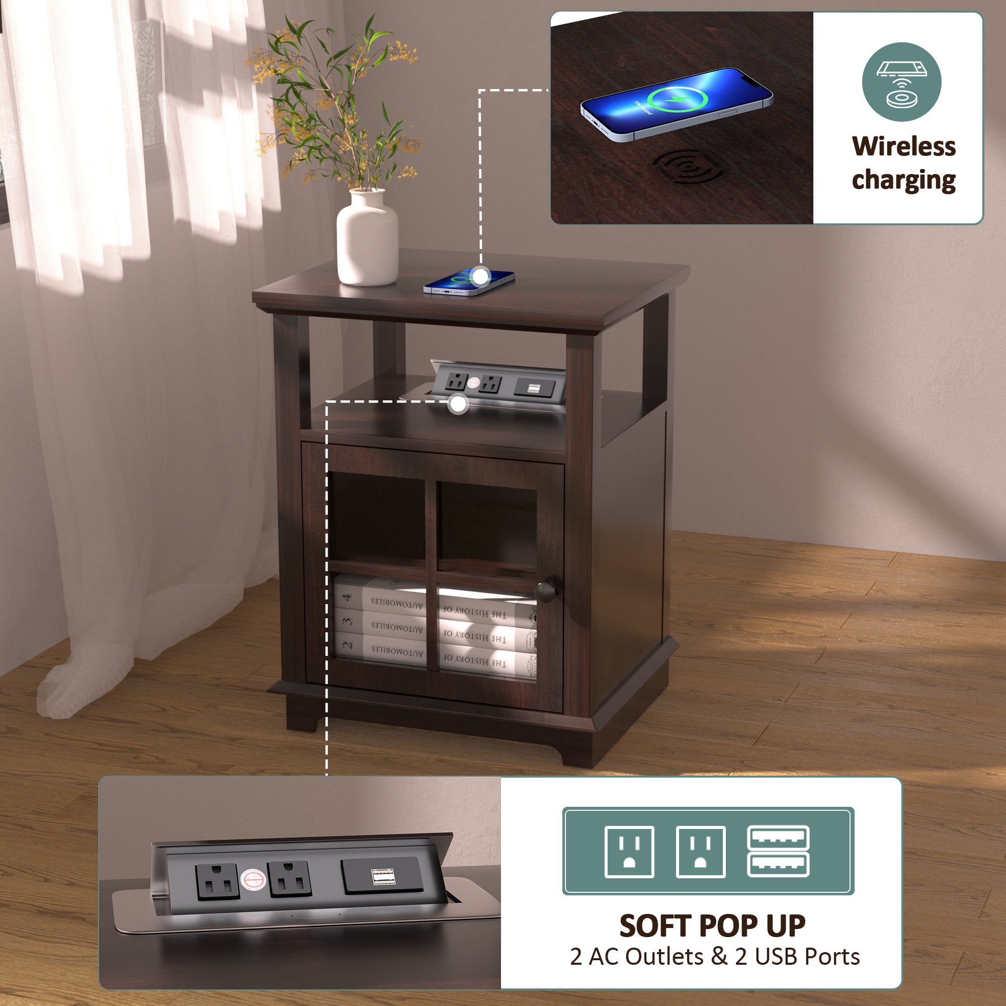 FAGAGA Nightstand with Wireless Charging Station and Storage,Accent End Table with USB Ports and Power Outlets Storage Side Table for Bedroom,Espresso