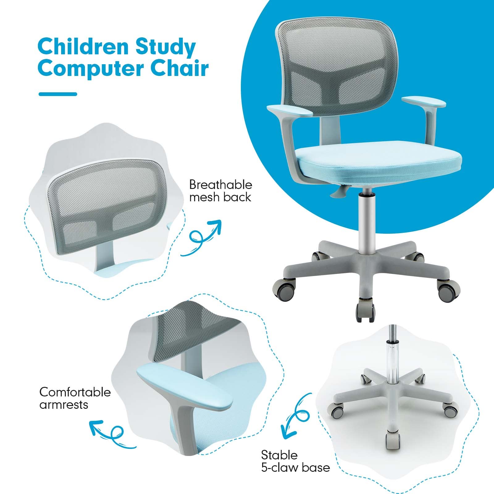 Kids Desk Chair, Children Study Computer Chair with Adjustable Height, Home, School, Office