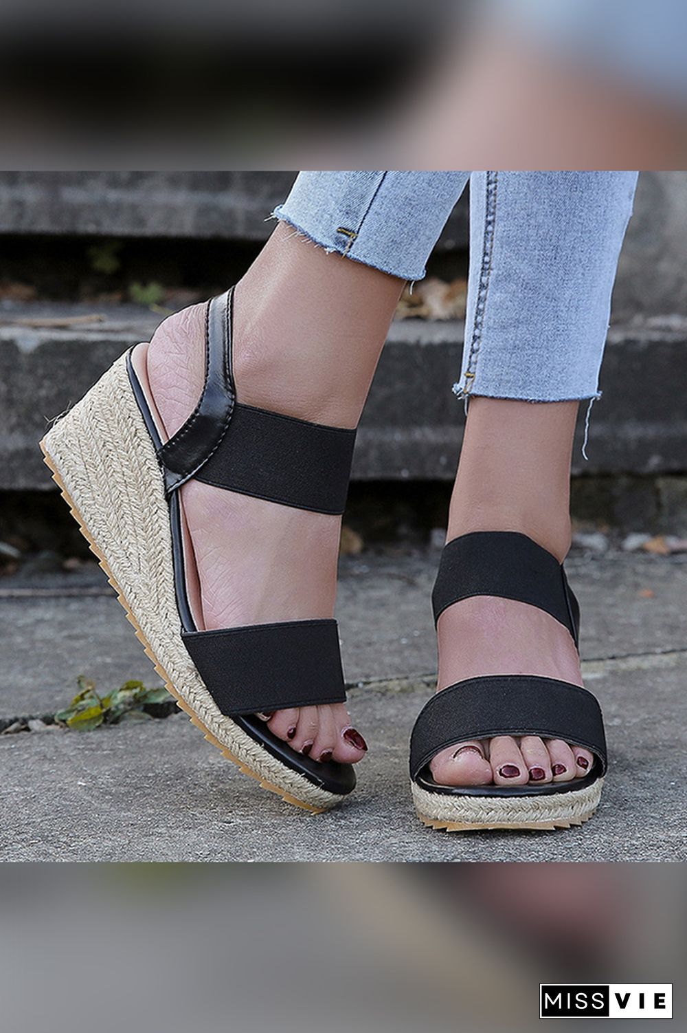 Straw And Nylon Strap High Wedge Sandals Wholesale