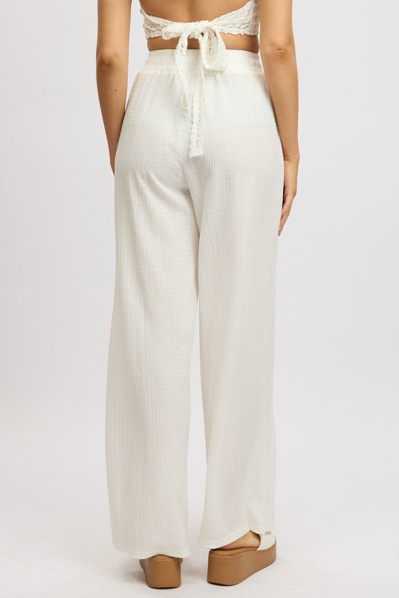 White Wide Leg Pants High Rise Textured Fabric