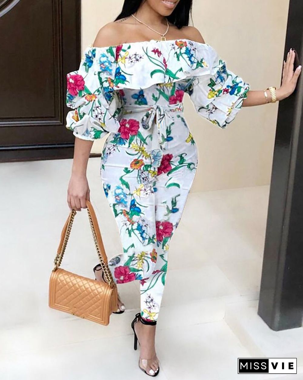 Off Shoulder Floral Print Lantern Sleeve Jumpsuit