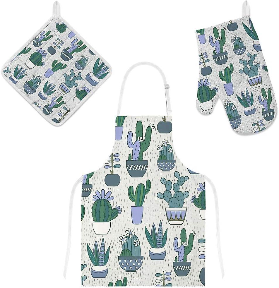 Insulation Kitchen Oven Mitts Potholder Apron 3pcs Set Cartoon Cactuses Pattern Non Slip Heat Resistant Gloves For Baking Cooking Bbq