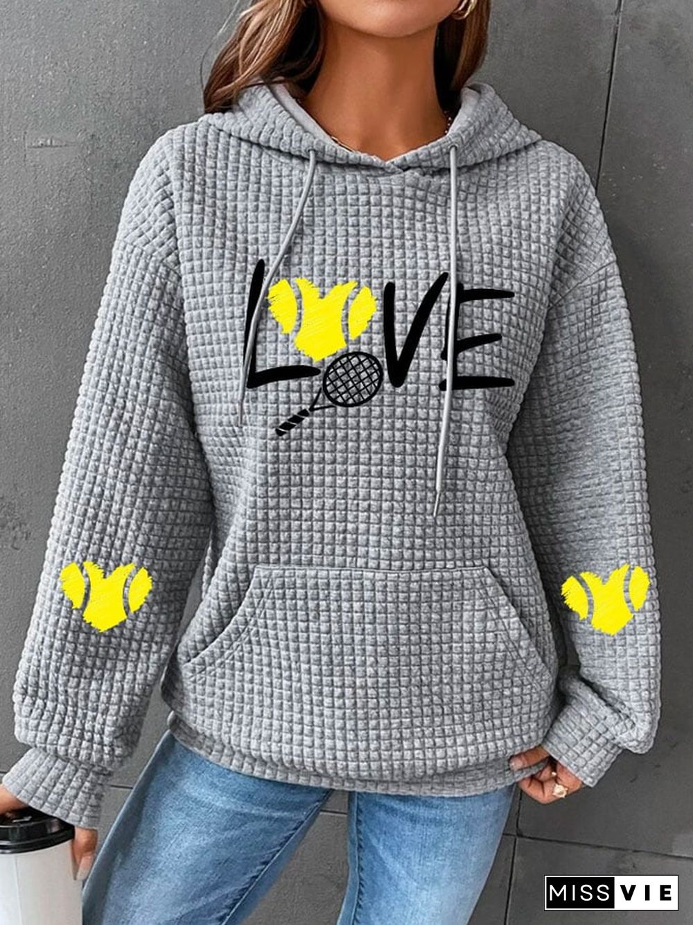 Women's love tennis printed waffle hooded sweatshirt