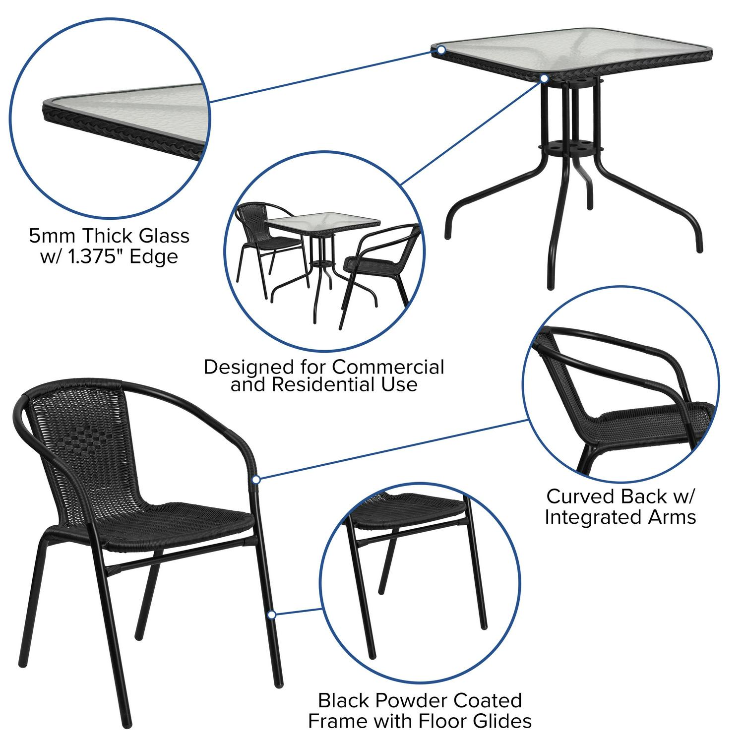 Flash Furniture 288221 Square Glass Metal Table with Black Rattan Edging and 2 Black Rattan Stack Chairs  Crowdfused