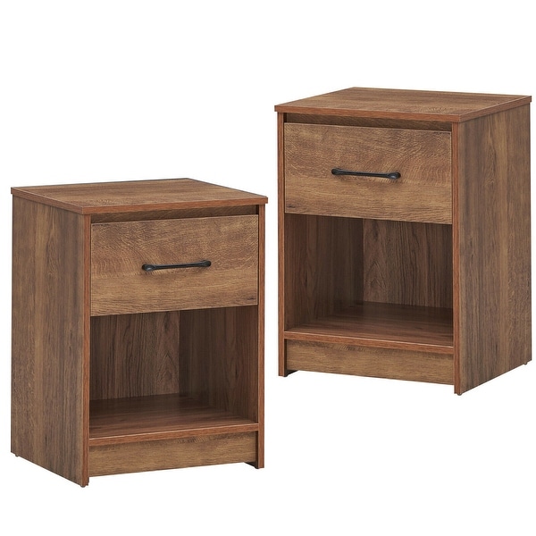 Gymax 2PCS Nightstand with Drawer Storage Shelf Wooden End Side Table