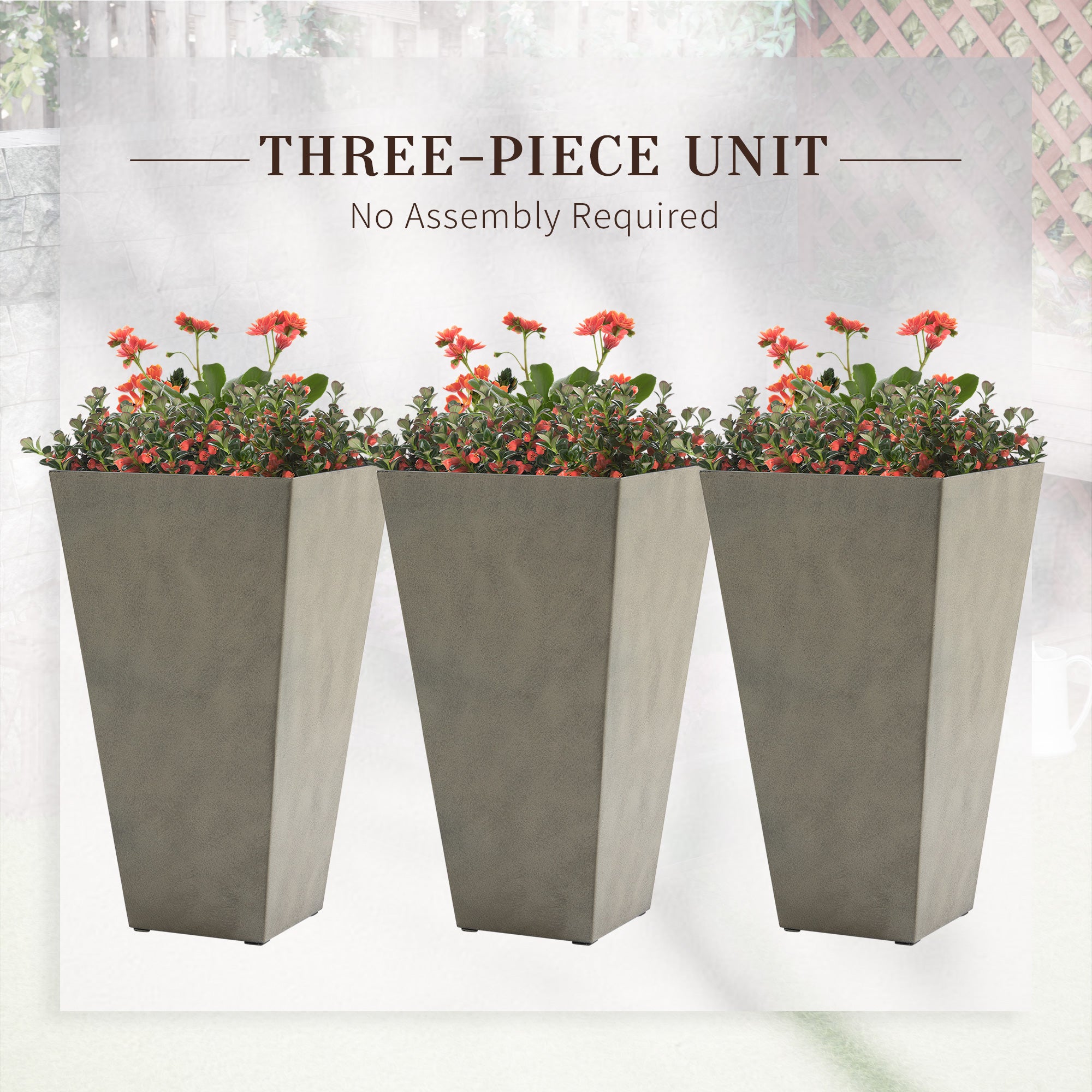 Outsunny 28" Tall Plastic Planters, 3-Pack, Large Taper Outdoor & Indoor Plastic Garden Flower Pots, for Entryway, Patio, Yard, Grey