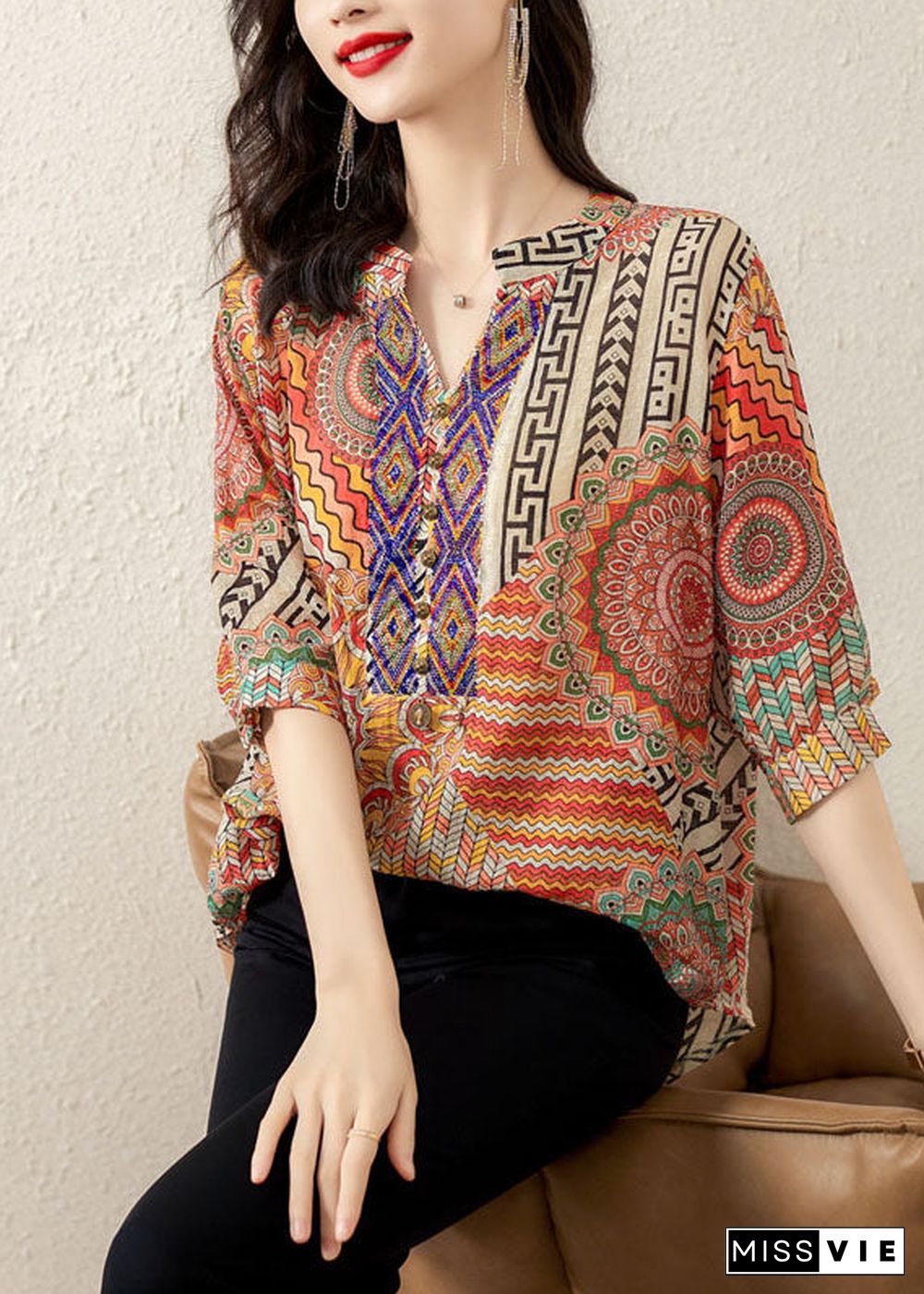 Plus Size Orange V Neck Print Patchwork Chiffon T Shirt Tops Summer