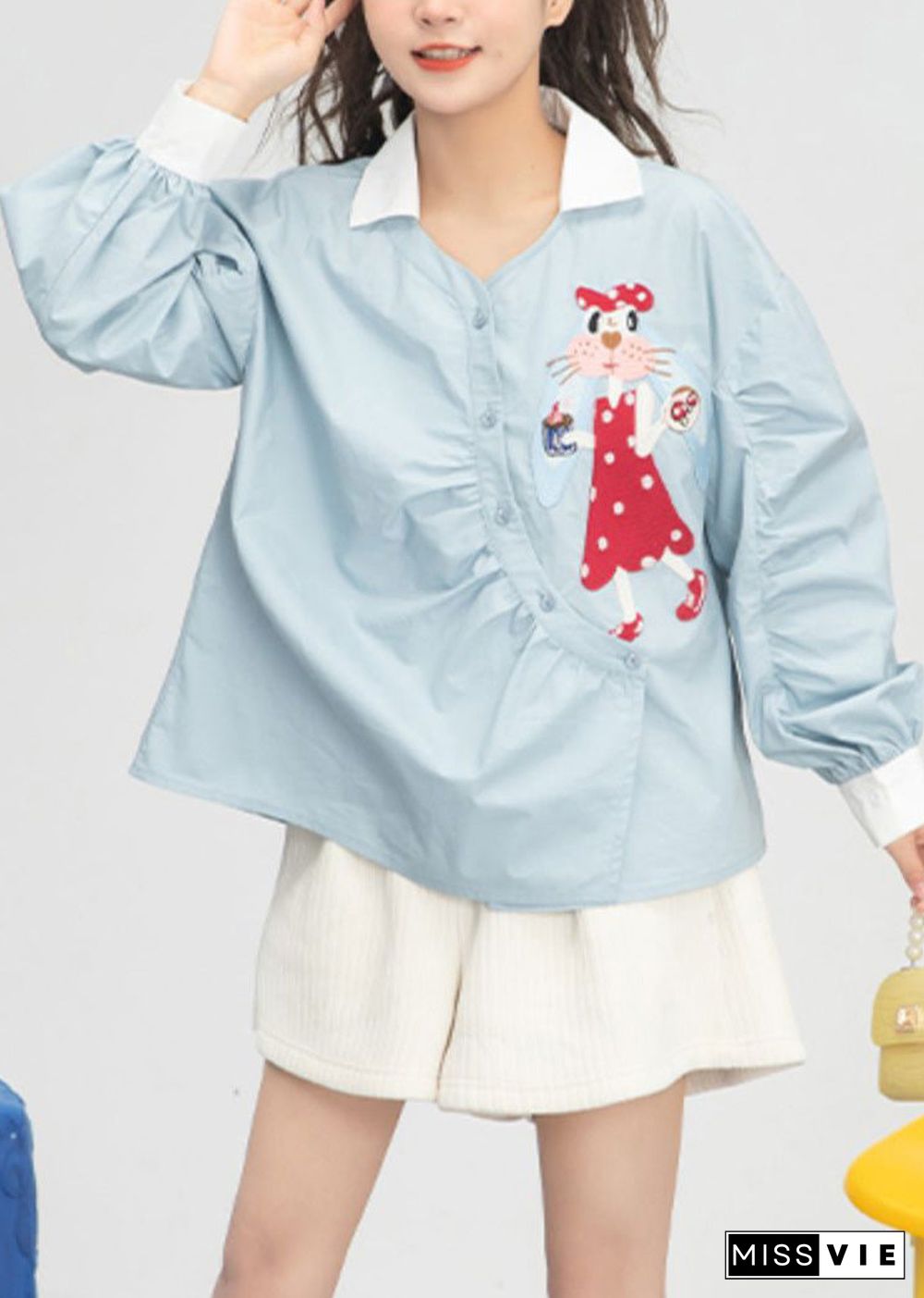 Cute Light Blue Embroideried Floral Button Cotton Shirts Spring