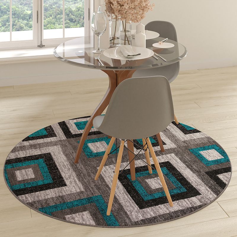 Masada Rugs Newton Collection Modern 5'x5' Round Accent Rug with Geometric Square Pattern in Turquoise， Gray and White