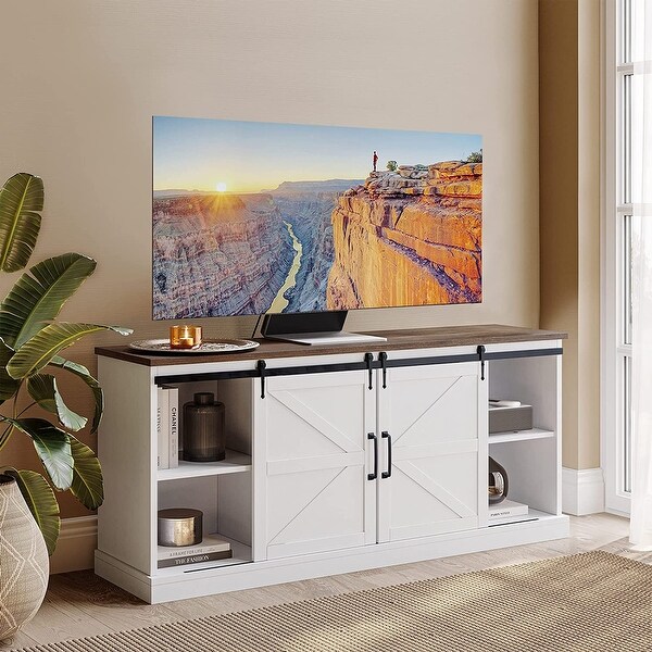 TV Stand for TVs up to 65 Inch， Modern Entertainment Center Home Media Console Table with Sliding Barn Door and Open Shelves