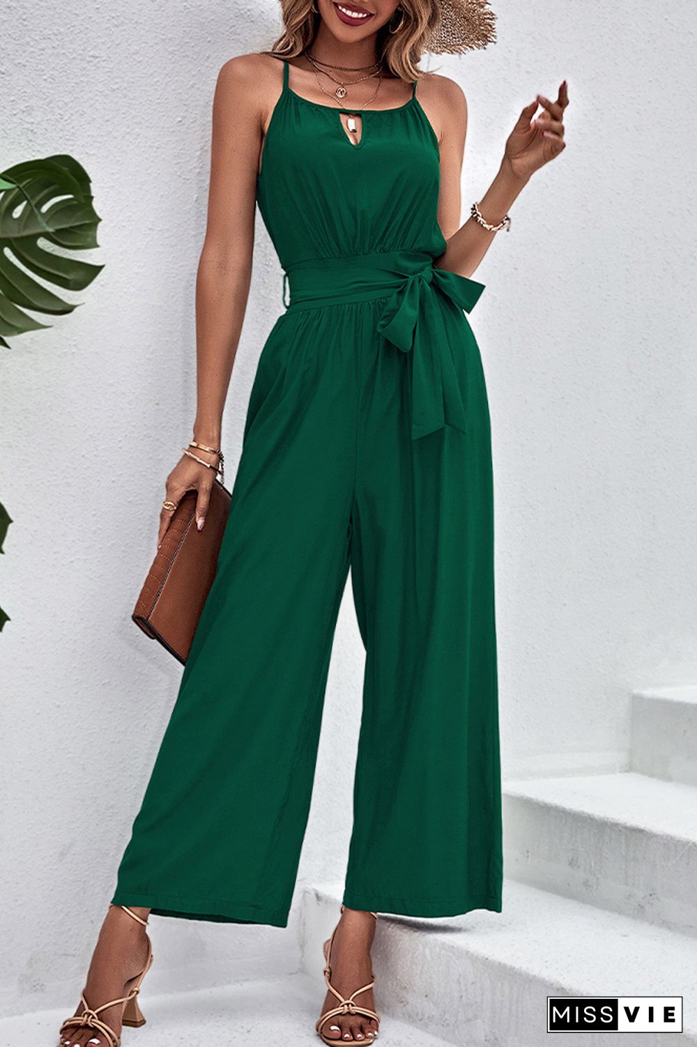 Green Waist Tie Halter Jumpsuit