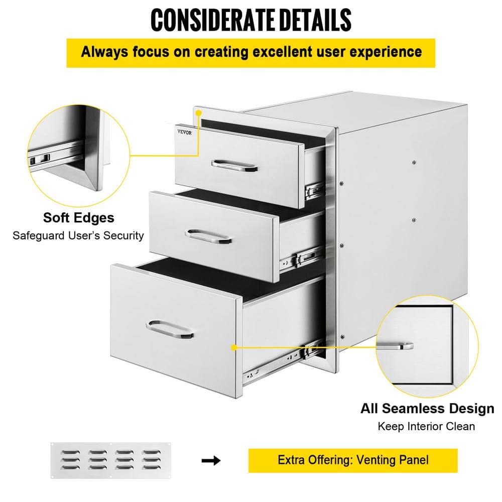 VEVOR 18 in. W x 23.2 in. H x 23.1 in. D Outdoor Kitchen Stainless Steel Triple BBQ Access Drawers with Chrome Handle 18X23YC3CBXGCTG01V0