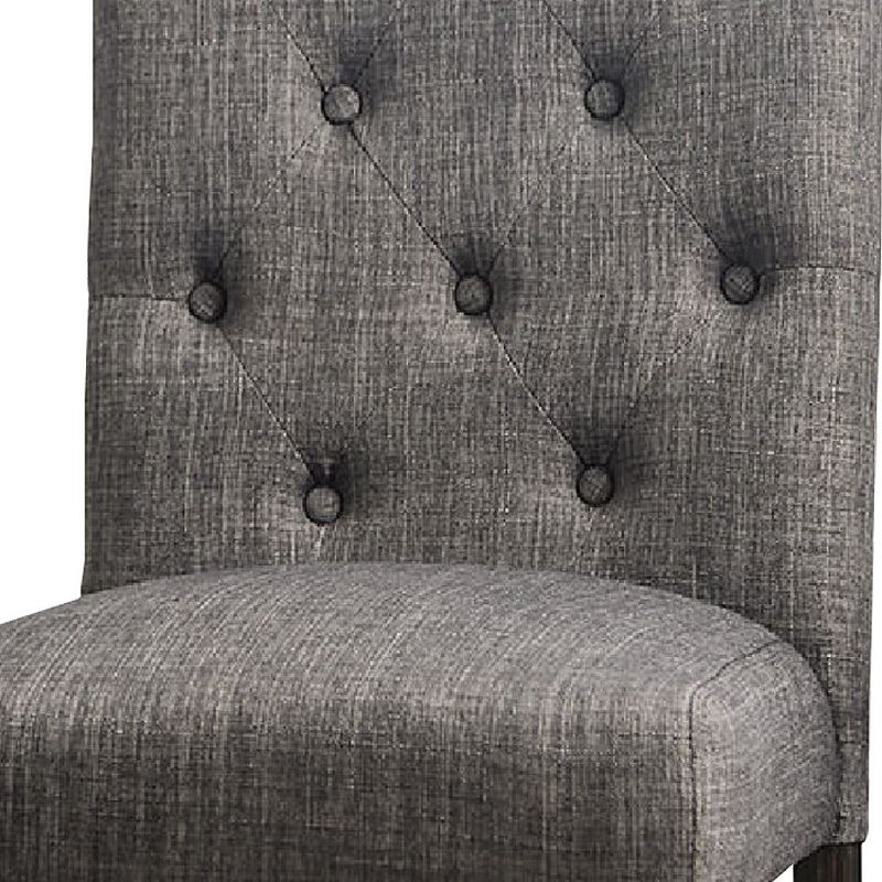 27 Inch Fabric Dining Chair， Button Tufted Rolled Back， Wood， Gray