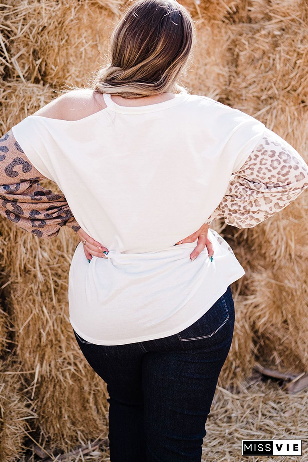 Plus Size Leopard Color Block Asymmetrical Cold Shoulder Top