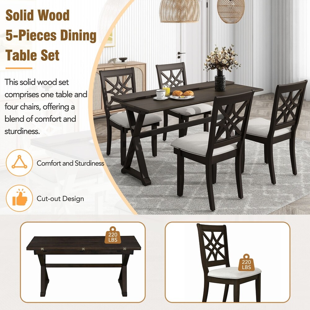 5 Piece Extendable Wood Dining Table Set Console Table with Two 8.8Inch Wide Flip Lids   X shape Legs  4 Linen Dining Chairs