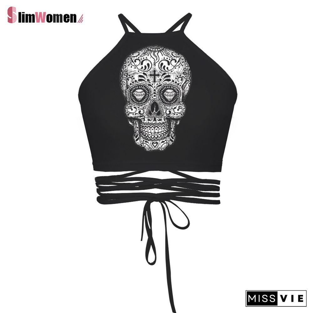 Ladies Lace Up Camisole Corset Top Skull Moon Butterfly Print Vest Anime Summer Costume Crop Top Bandage Gothic Y2K Tank Tops