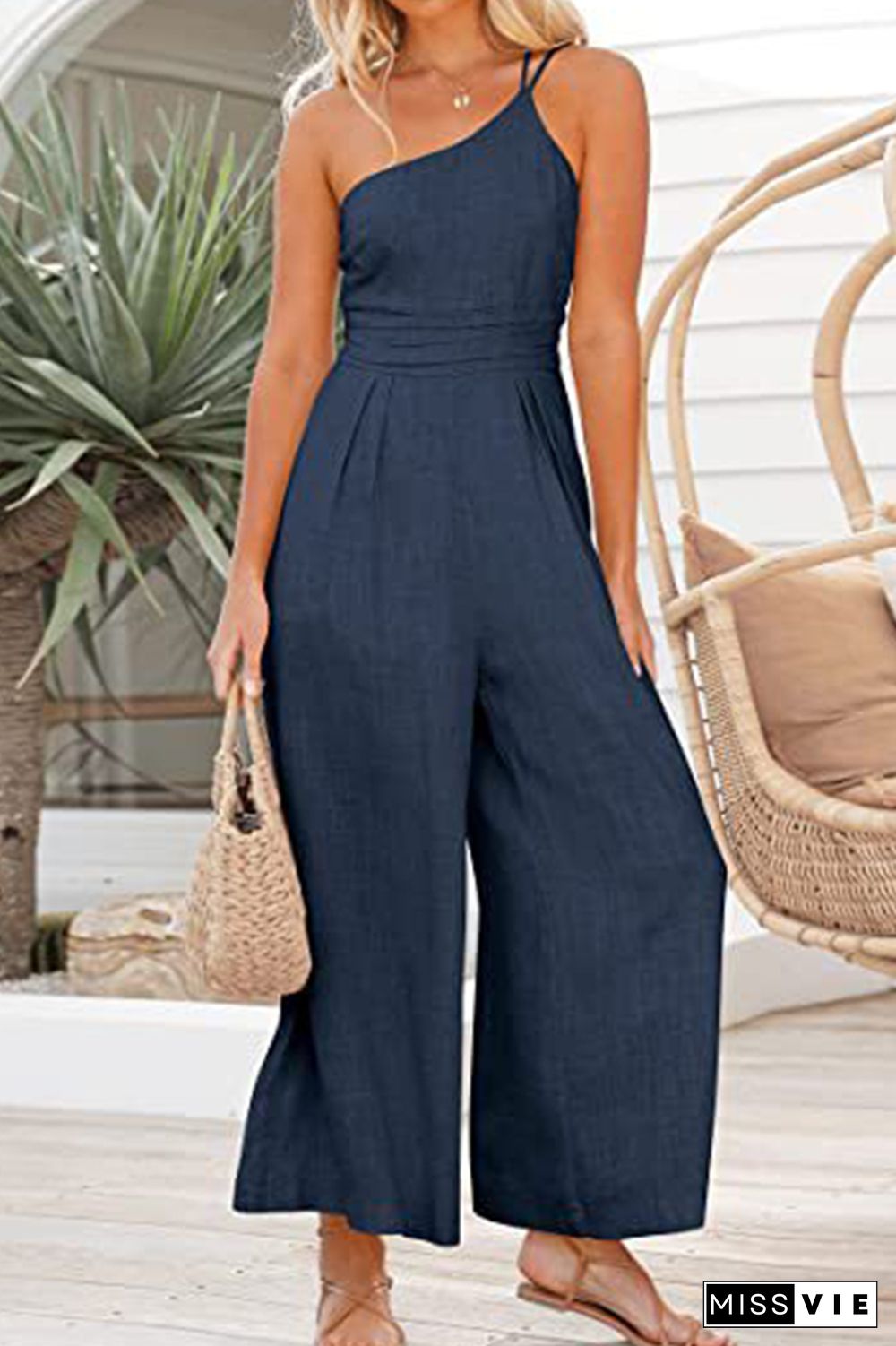 One Shoulder Wide Leg Long Pants Romper Wholesale