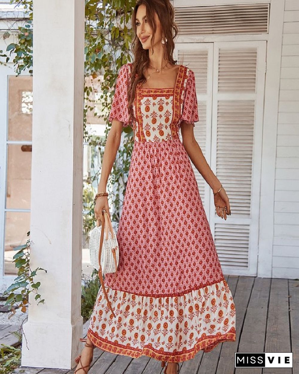 Bohemian French Square Collar Dress