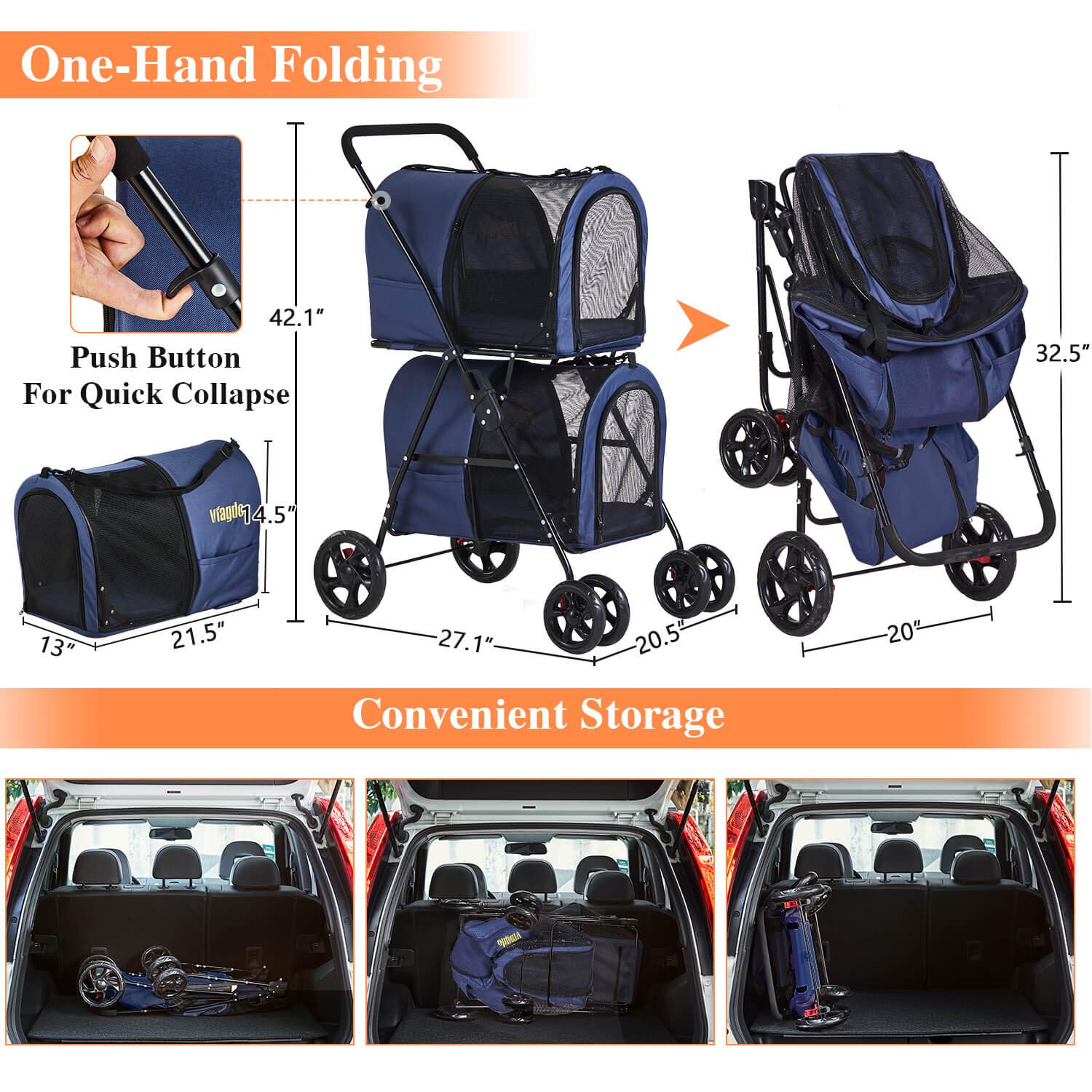 Double Pet Stroller 4-in-1 Folding Dog Strollers Travel Cart with 2 Detachable Carriersand4 Lockable Wheels for Small Medium Dogs Cats，Navy Blue