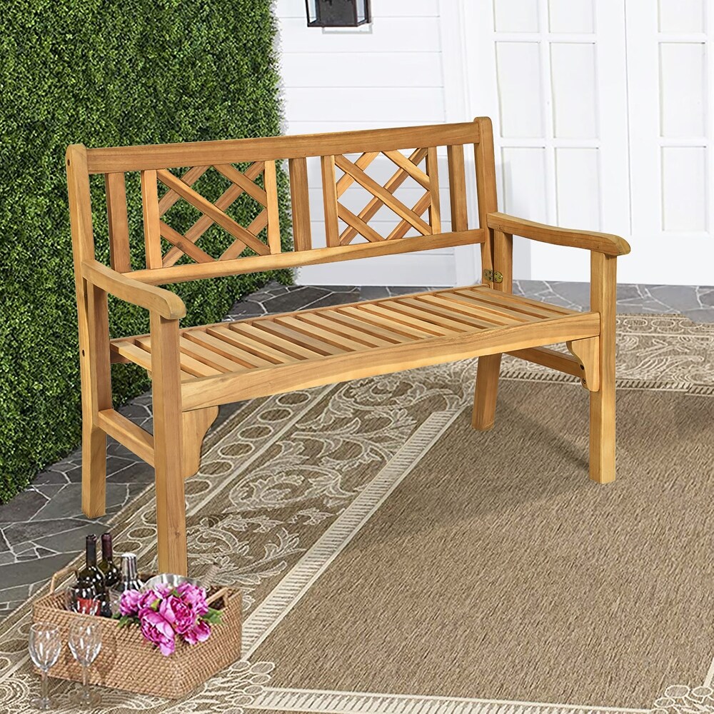 Costway Patio Outdoor Solid Wood Bench Folding Loveseat Chair Park