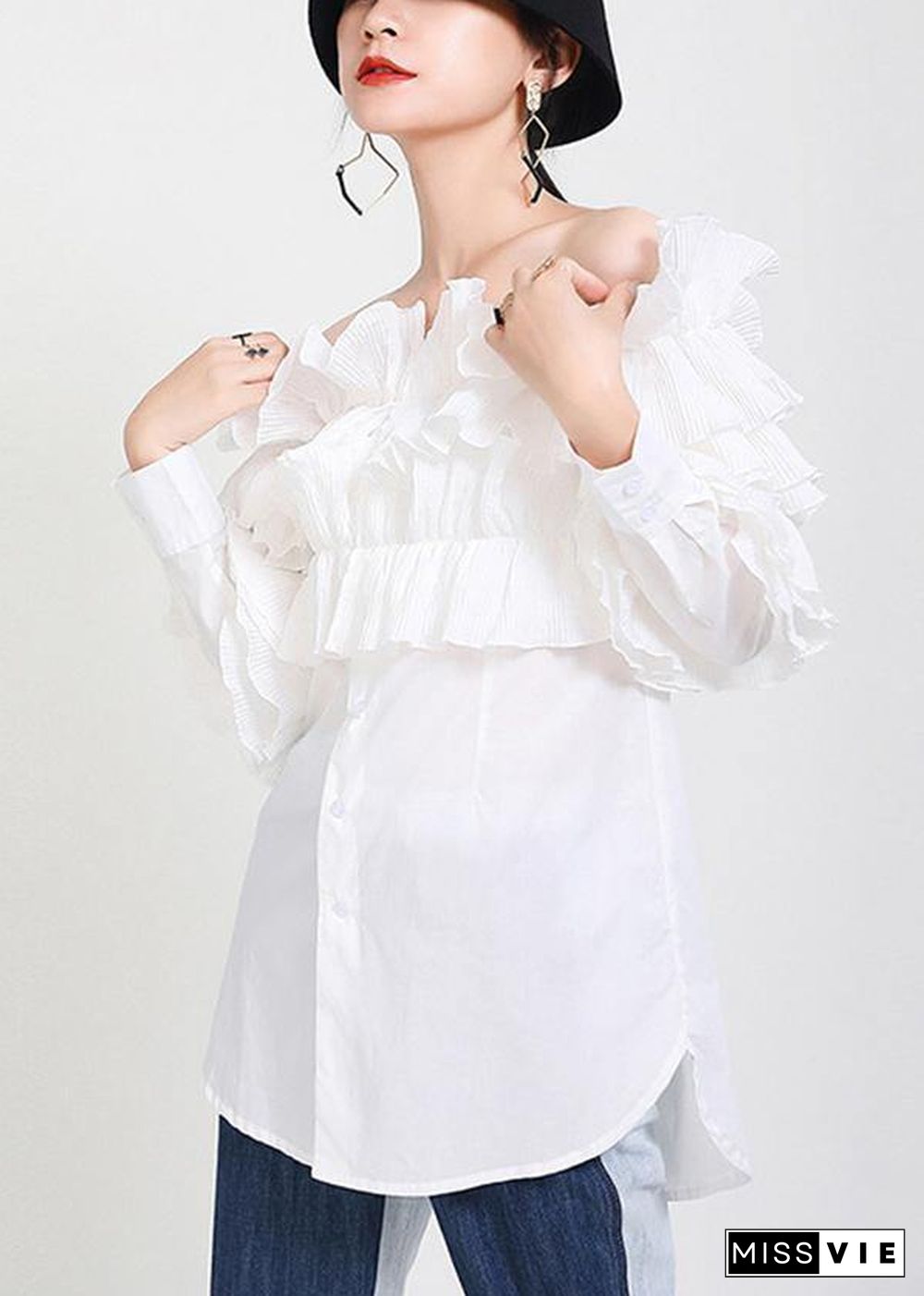 Fine White Cold Shoulder Slash neck Long sleeve Shirt Tops