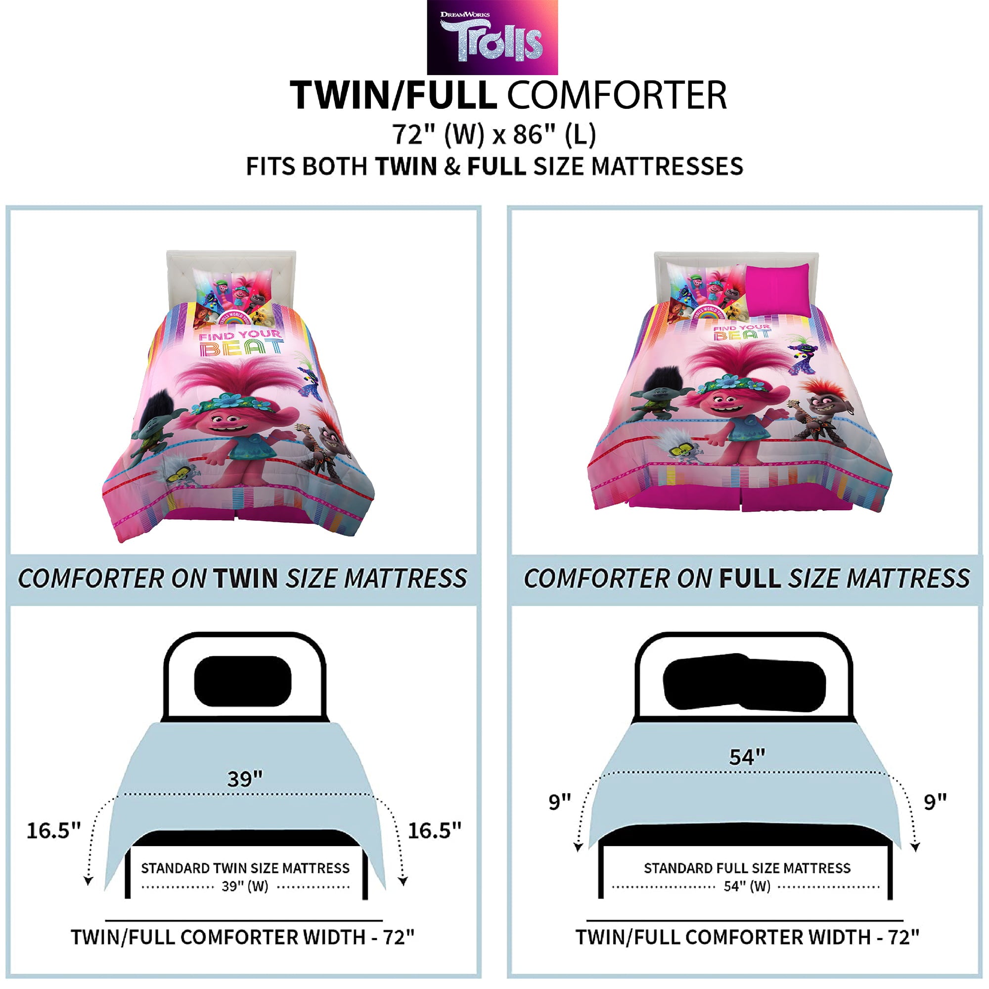 Trolls 2 Kids Comforter and Sham， 2-Piece Set， Twin/Full， Reversible， Pink， DreamWorks