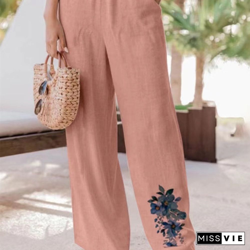 Women's Causual Pocket Floral Printed Pants