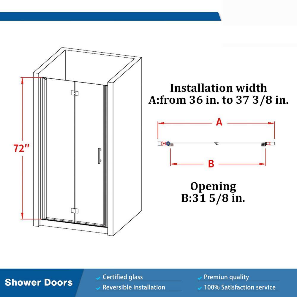 TOOLKISS 36 to 37-38 in. W x 72 in. H Bi-Fold Frameless Shower Doors in Chrome with Clear Glass BFH36CH