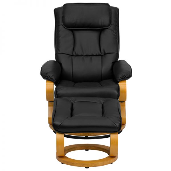 Davies Contemporary Adjustable Recliner and Ottoman with Swivel Maple Wood Base in Black LeatherSoft