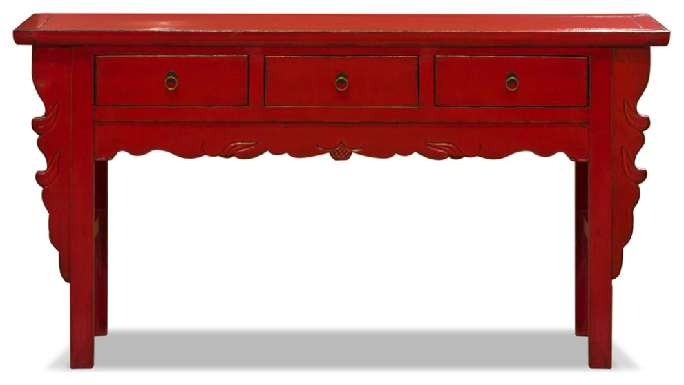 Vintage Distressed Red Elmwood Oriental Console Table with Drawers   Asian   Console Tables   by China Furniture and Arts  Houzz