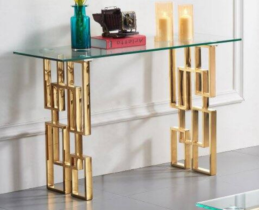 Elegant Console Table  Geometric Stainless Steel Base  ampClear Glass Top   Contemporary   Console Tables   by Decor Love  Houzz