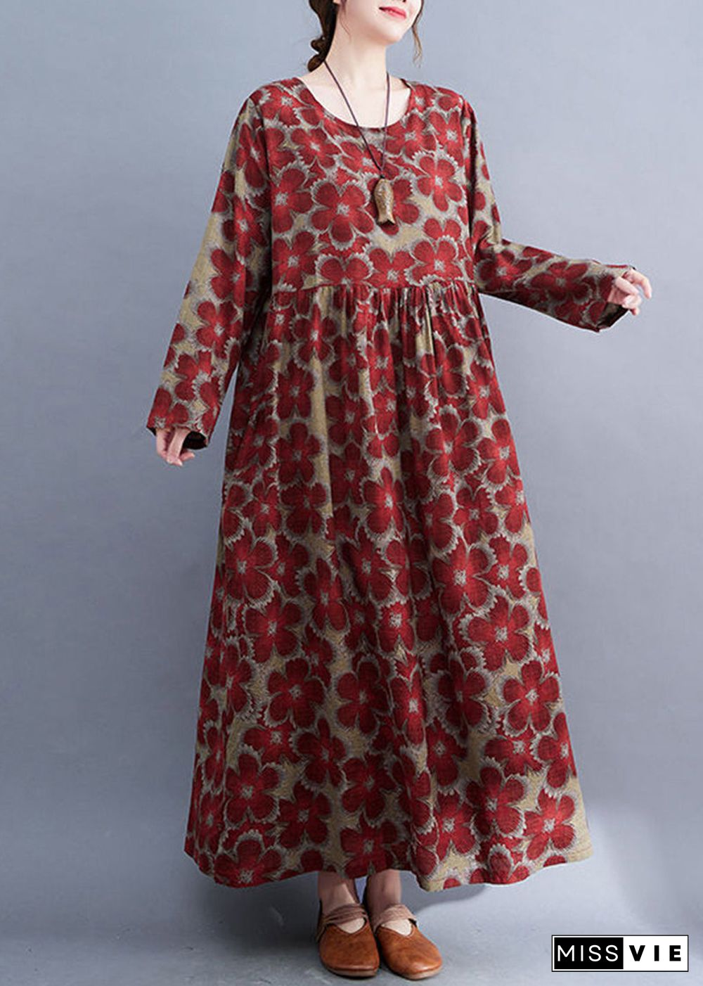 Red Print Linen Ankle Dress Oversized Exra Large Hem Spring