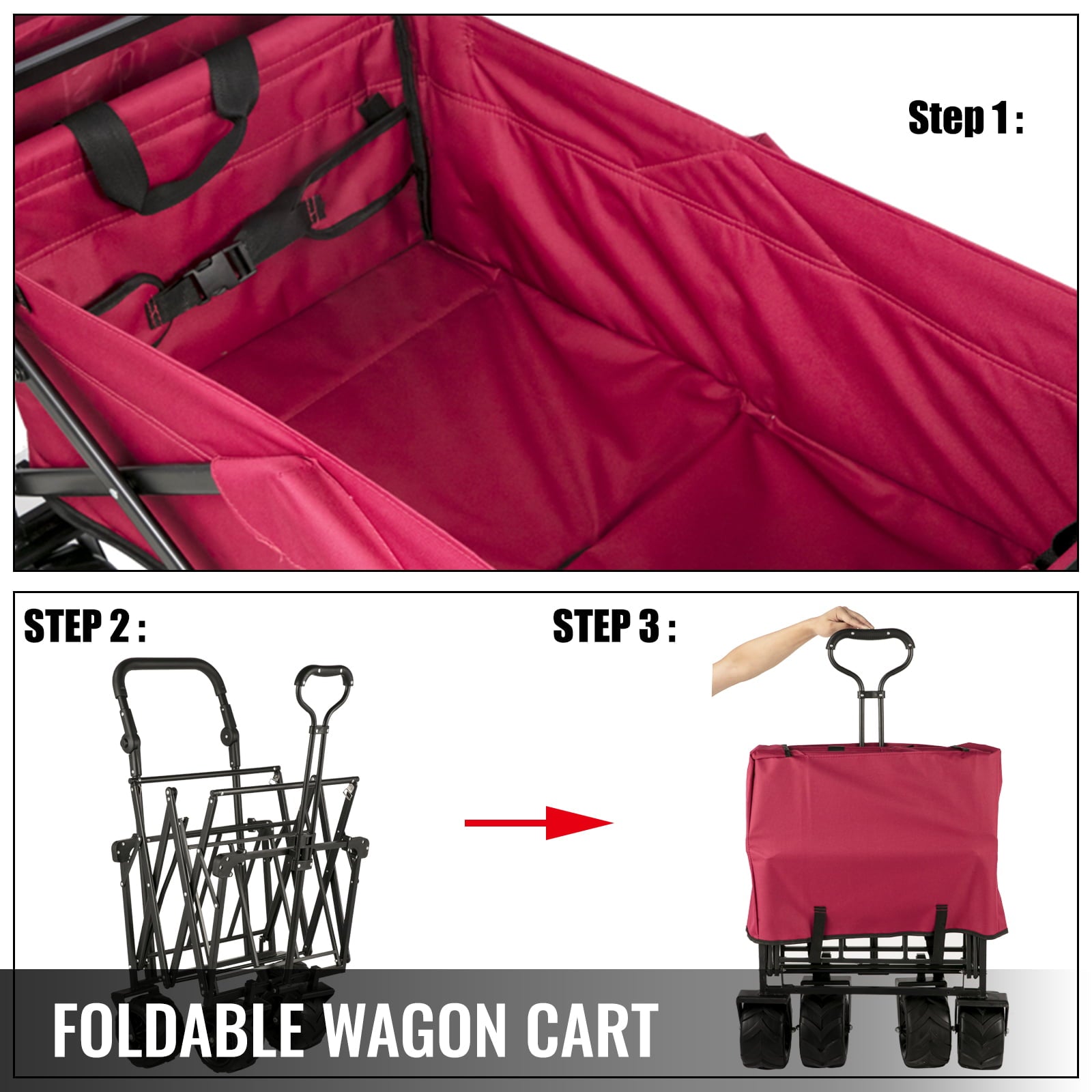 BENTISM Collapsible Wagon Cart Red, Foldable Wagon Cart Removable Canopy 601D Oxford Cloth, Collapsible Wagon Oversized Wheels, Portable Folding Wagon Adjustable Handles, Beach, Garden, Sports