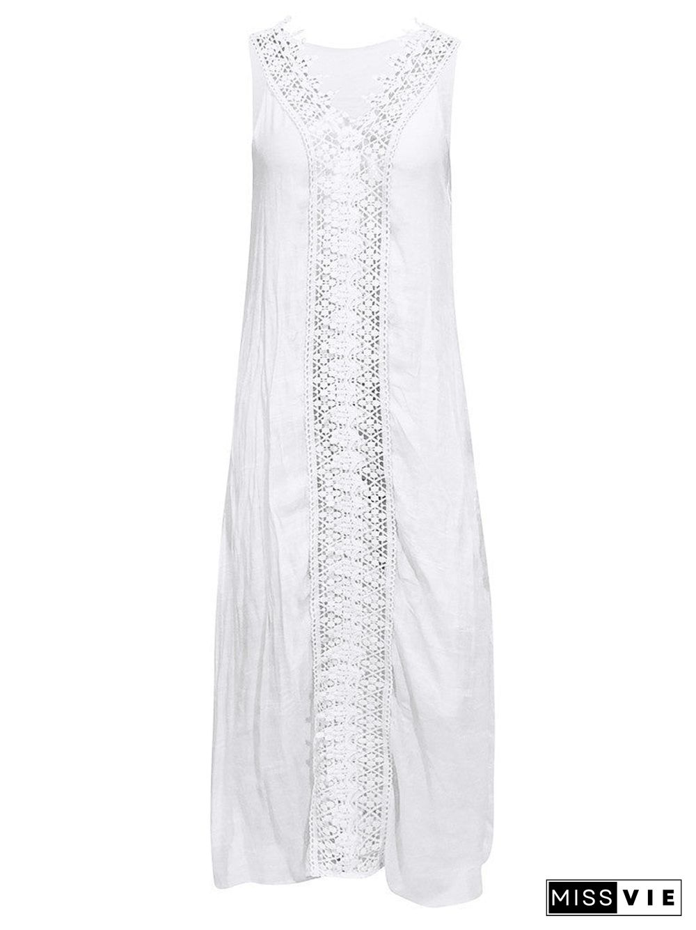 Women Sleeveless V-neck Solid Lace Stitching Maxi Dress