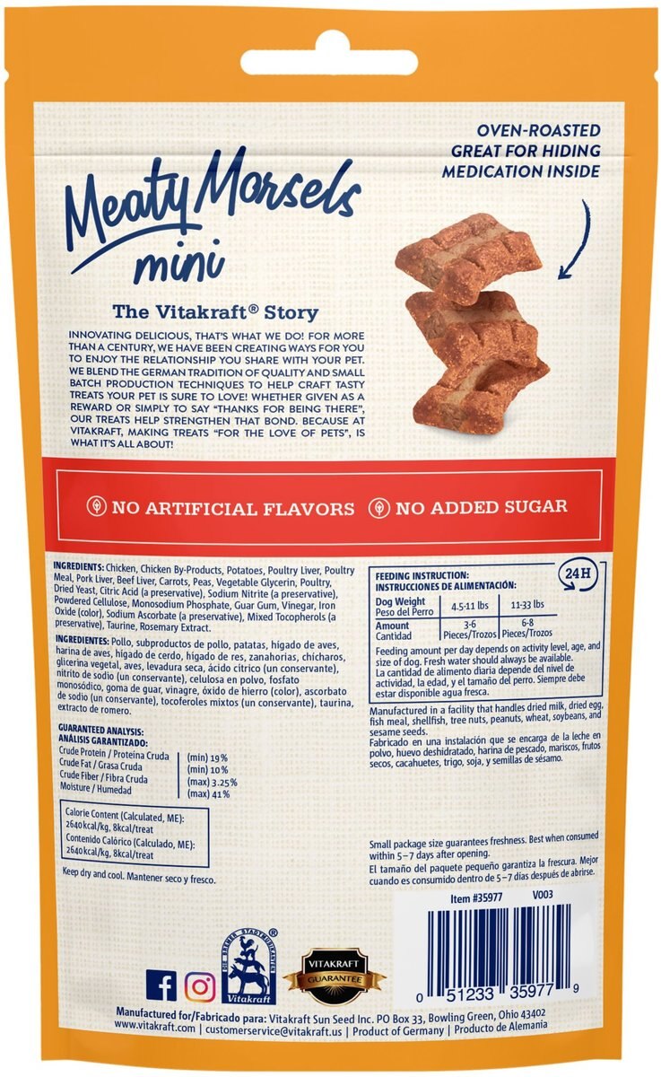 Vitakraft Meaty Morsels Mini Chicken with Beef Soft and Chewy Dog Treats， 1.69-oz bag， 3 count