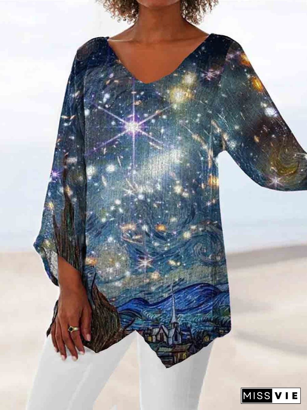 Women Asymmetrical 3/4 Sleeve V-neck Printed Graphic Top Dress