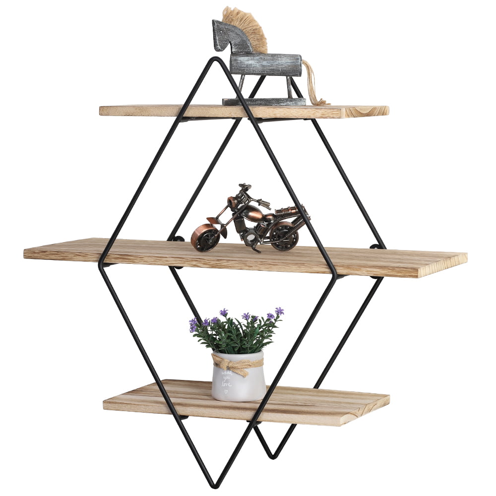 3 Layer Diamond-Shaped Clothes Rack Bedroom Living Room Floating Wall Shelf Vintage Wooden Storage Rack