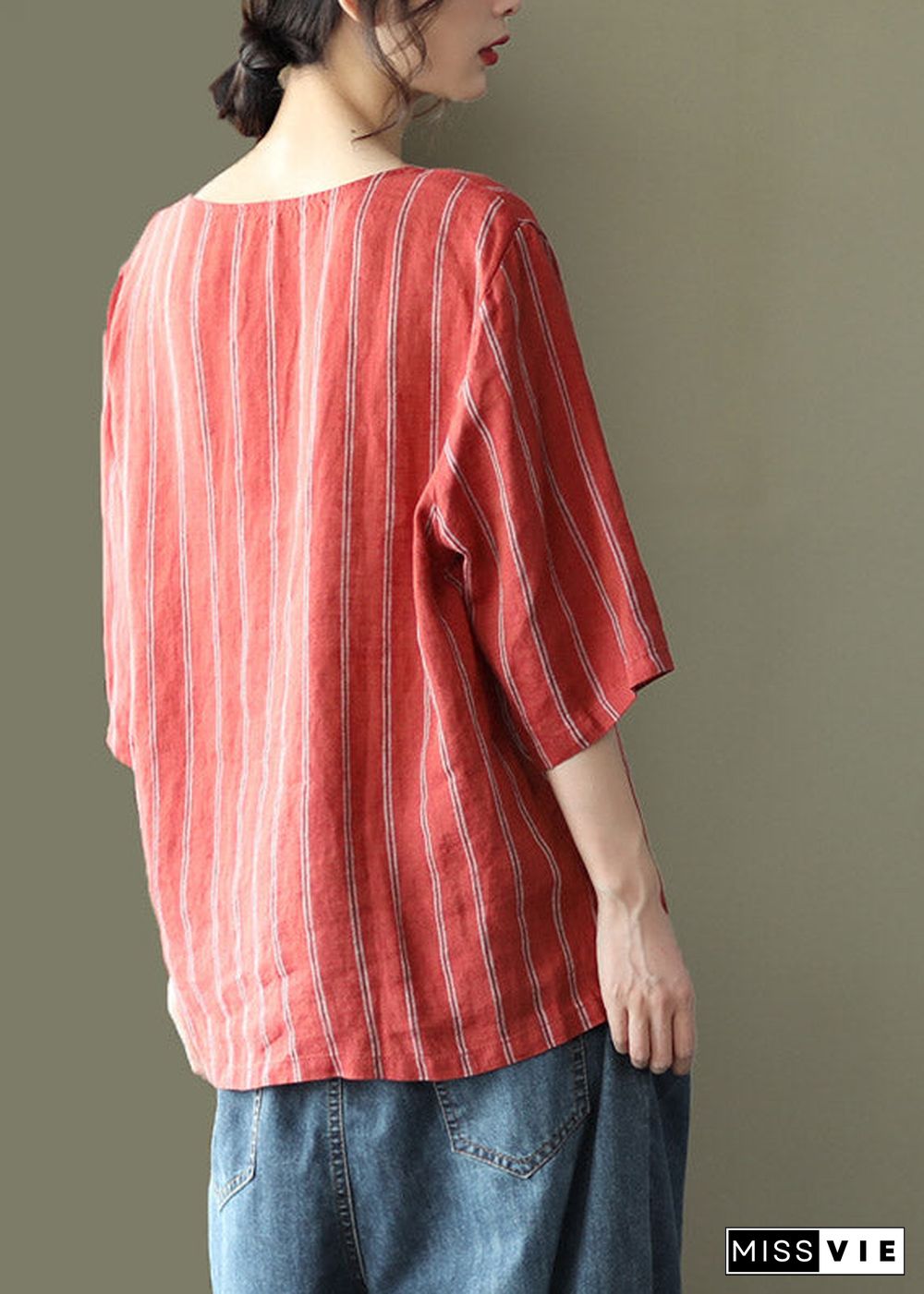 Red V Neck Striped Button Linen Shirts Half Sleeve